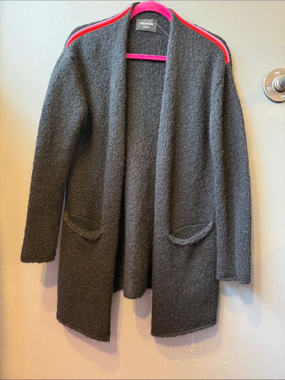 Zadig & Voltaire Charcoal Gray Open-Front Coat with Red and Pink Shoulder Trim